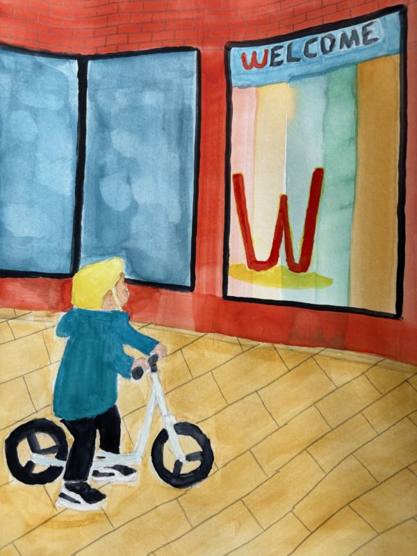 La magie de l'enfance: un petit garçon devant un W, qui considère la lettre comme un personnage à part entière
